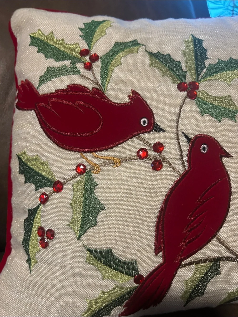 Festive Cardinal Embroidered Holiday Pillow - Red & Cream